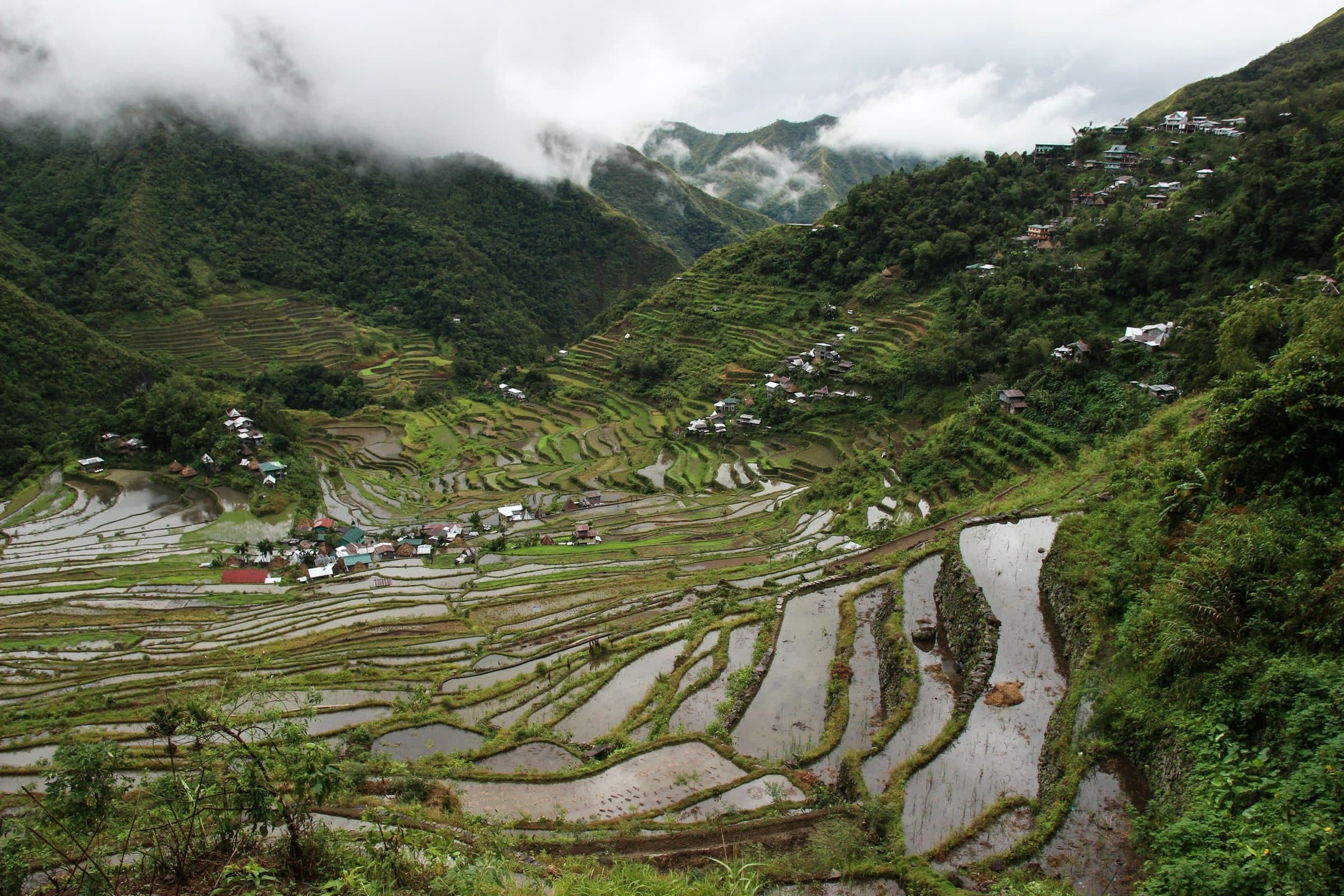 Rice terraces and a mountain village under low clouds in the Cordillera, Philippines